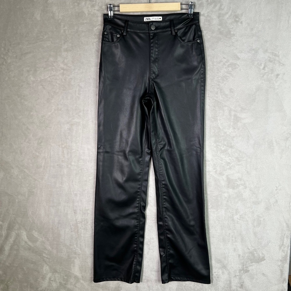 Women's Faux Leather Pants Size 4 High Waist Straight Leg Black Trousers